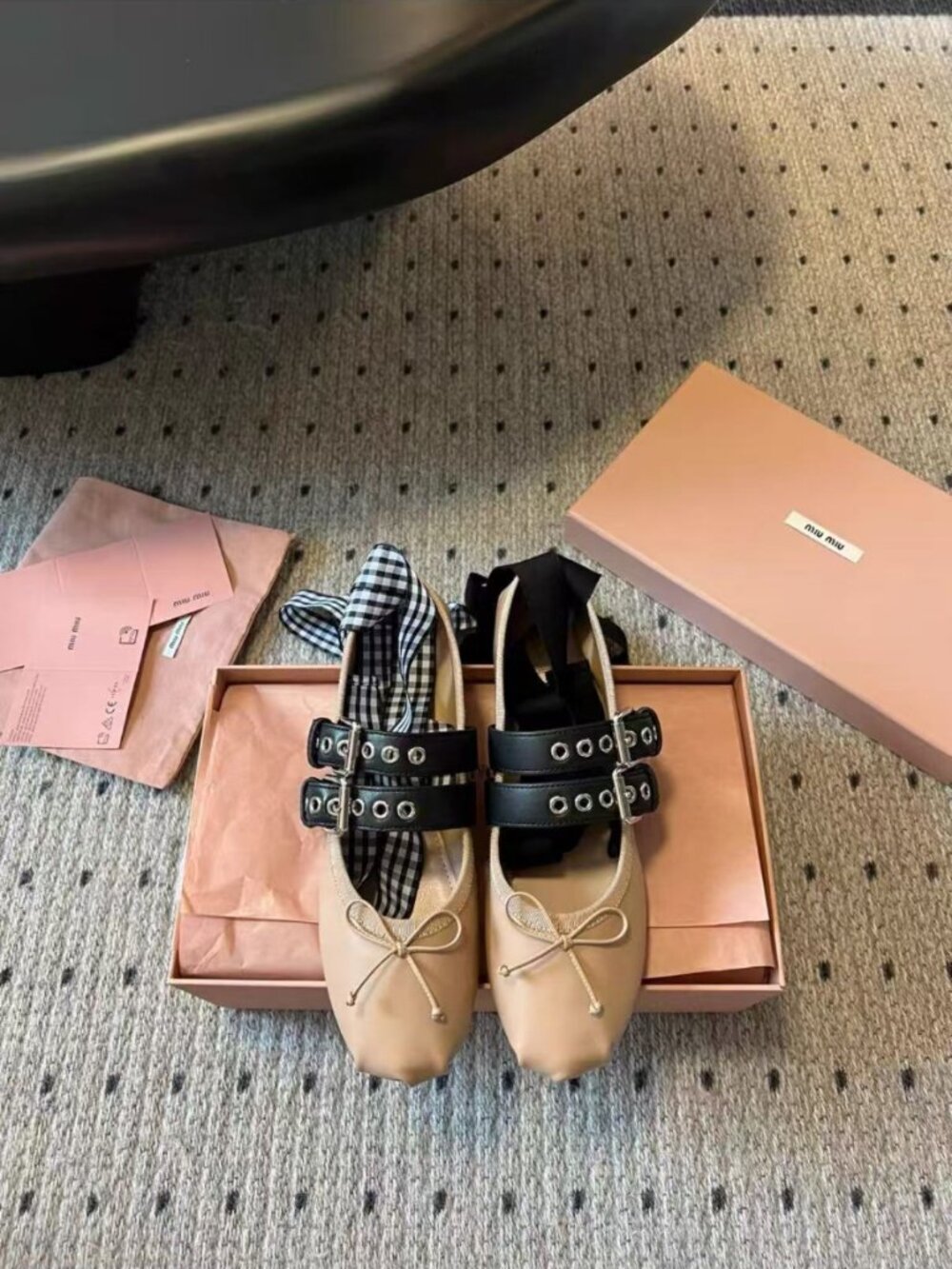 Miu Miu Nude Leather Double Strap Bow Ballet Mary Jane Flats